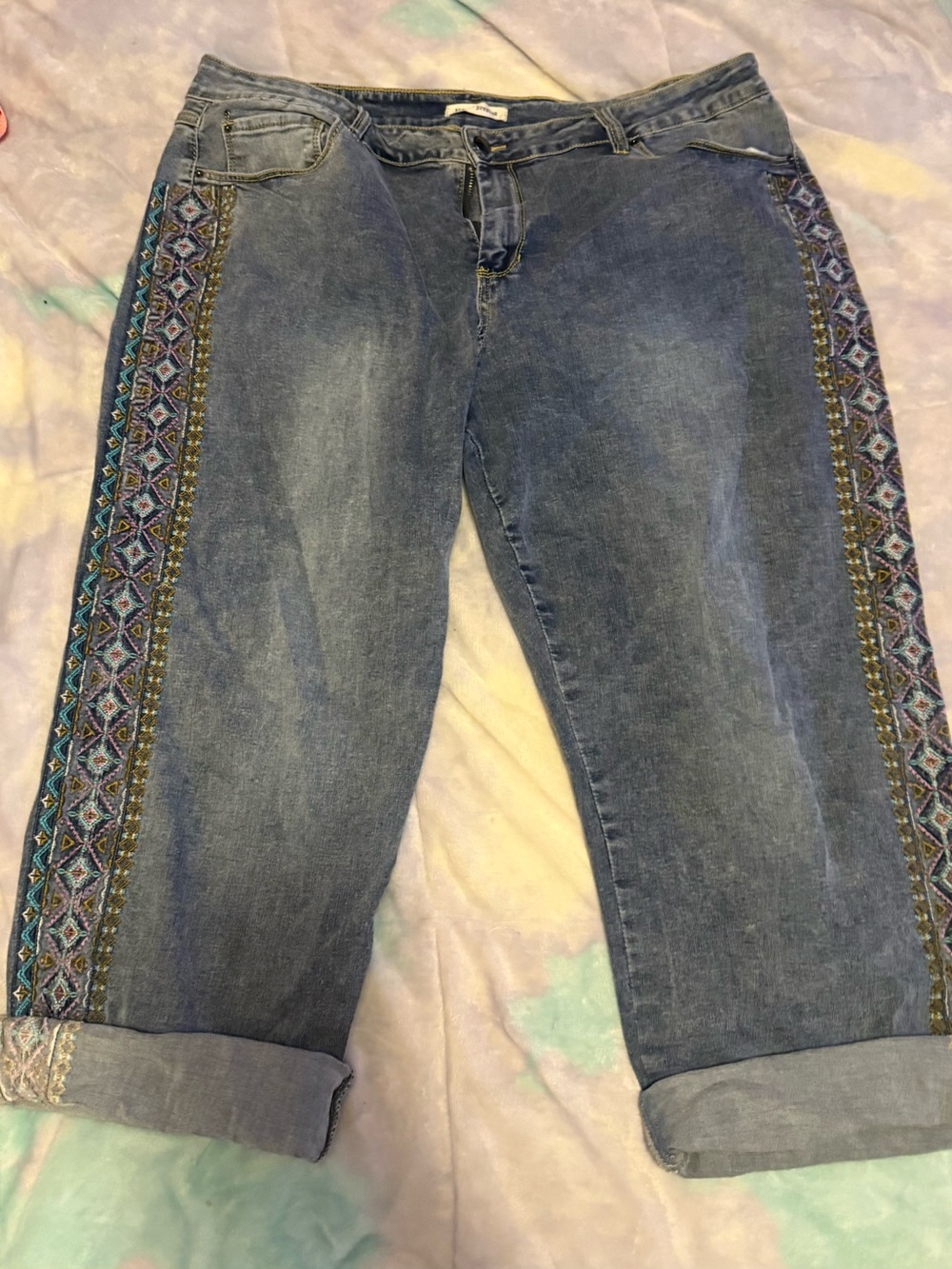 Angel Denim Boyfriend Jeans with Blue Embroidered Side Panels
